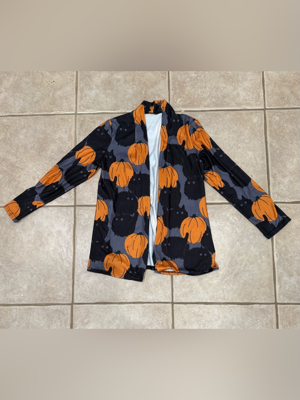 Black Cat Halloween Fall Pumpkin Print Open Front Cardigan M